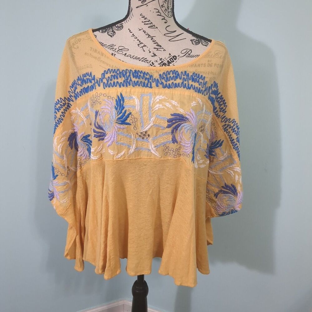Free People Love Letter Embroidered Poncho Top Tangerine Yellow Blue medium